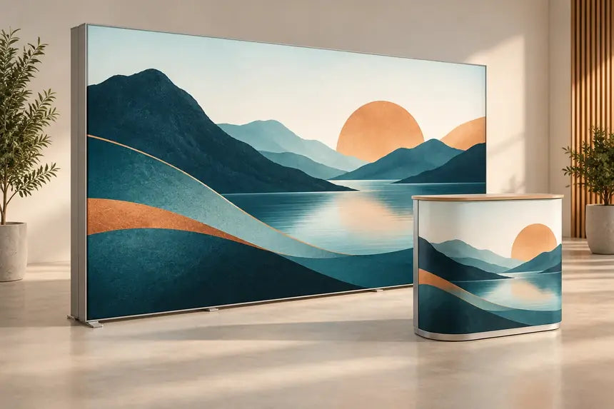 A SEG display fabric graphic being swapped out of its frame.