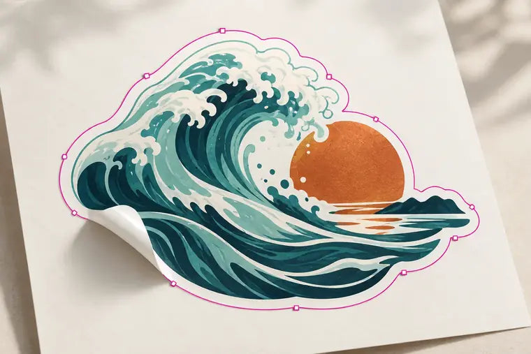 A printed leaf sticker shown with a magenta cut-contour path.