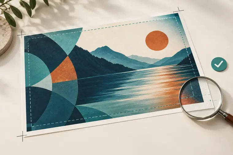 A print file being checked for bleed, safe area and resolution.