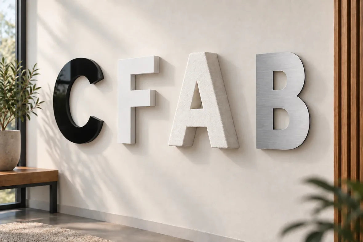 Glossy black acrylic, matte white PVC, hard-coated foam and brushed aluminium composite letters on a lobby wall.
