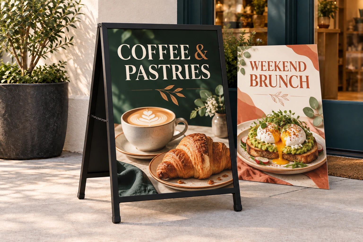 Black A-frame sign with a replaceable full-colour printed panel and a separate alternative graphic panel.