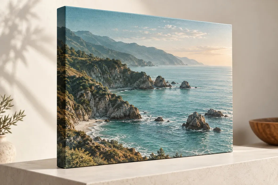 Framed canvas and metal prints styled on an interior wall.