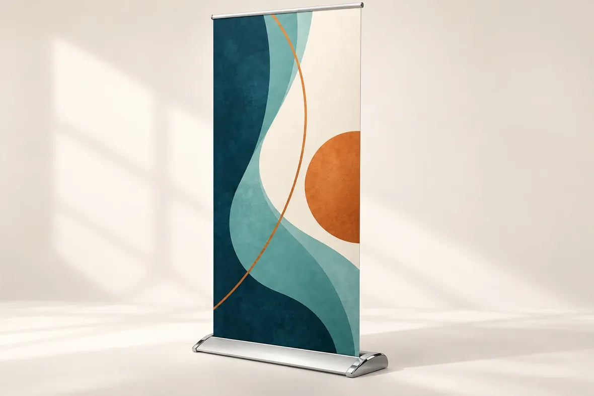 A retractable banner stand at a trade-show booth.