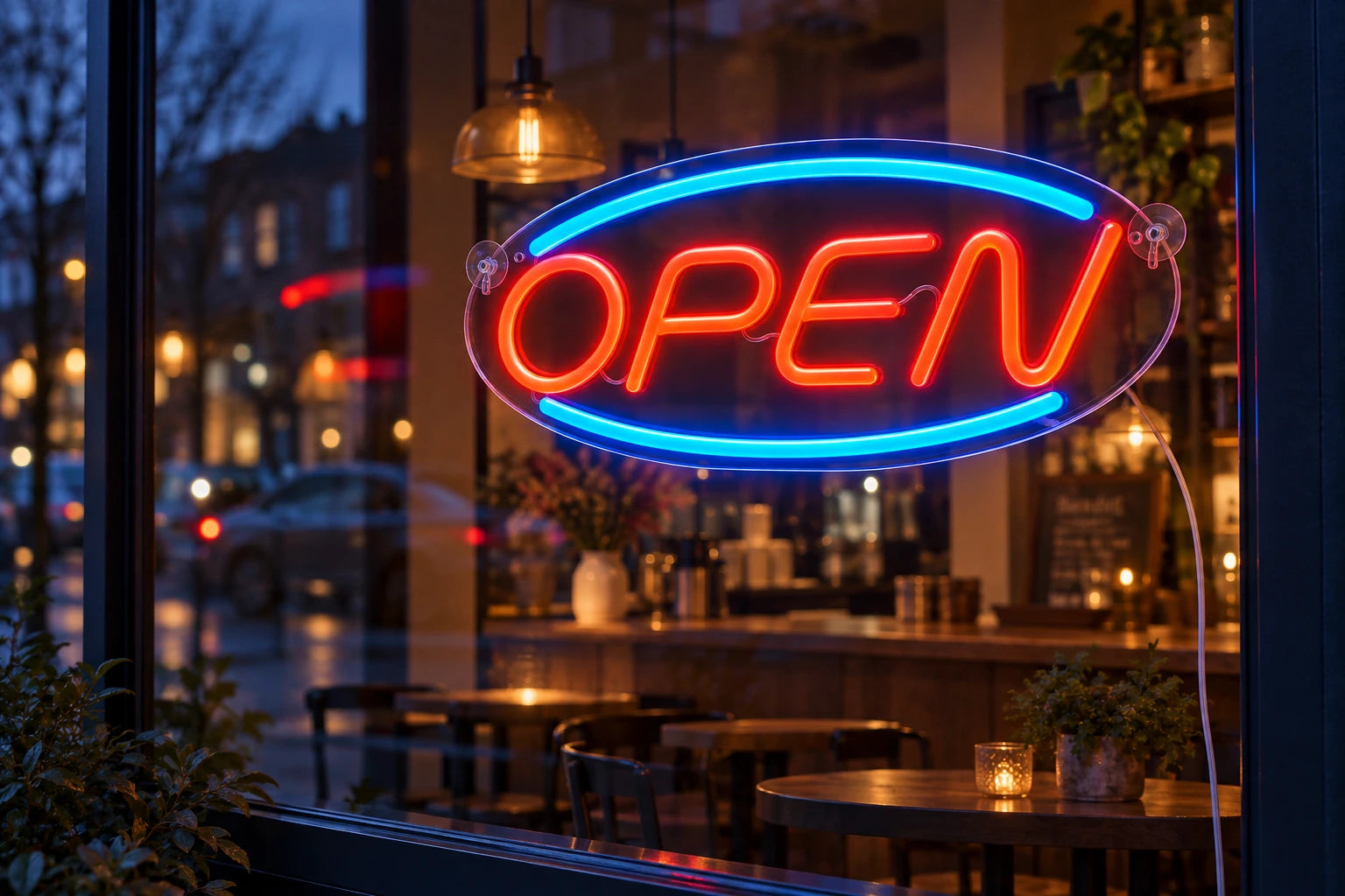 An oval LED neon OPEN sign in a shopfront window at dusk.